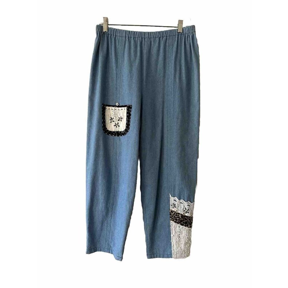 Vintage Patchwork Crop Pants Chambray High Waist Wide Leg Elastic Waist Crochet